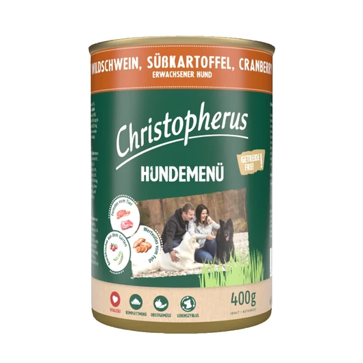 Christopherus Dog konzerv menü vaddisznó. édesburgonya, áfonya
