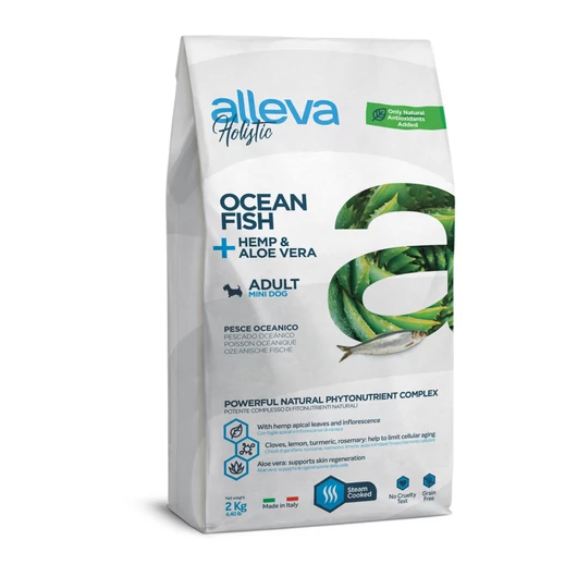 Alleva Holistic Gabonamentes Mini Felnőtt Kutyatáp Tengeri hal És Kender + Aloe Vera