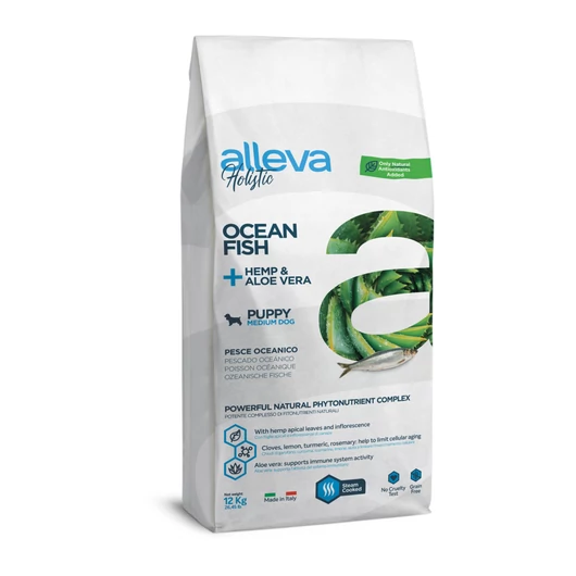 Alleva Holistic Gabonamentes Medium Kölyök Kutyatáp Tengeri hal És Kender + Aloe Vera