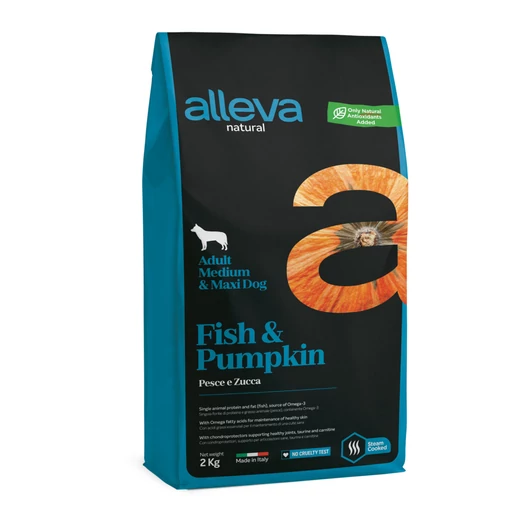 Alleva Natural Gluténmentes Felnőtt Medium/Maxi Kutyatáp Hal És Sütőtök